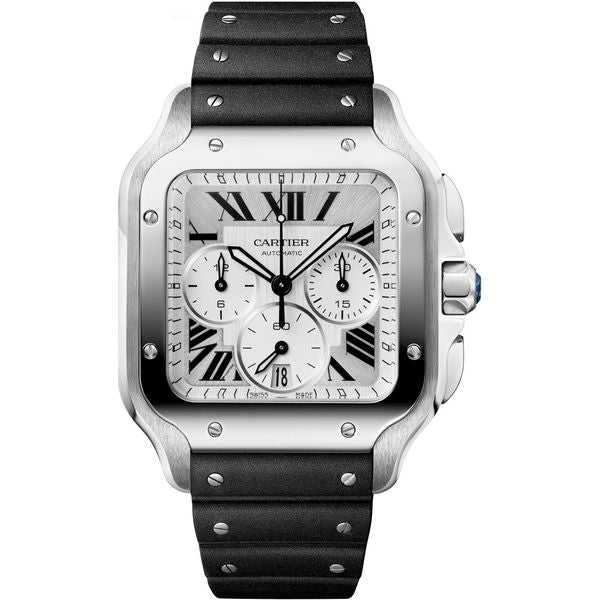 Cartier Santos de Cartier Chronograph Stainless Steel Silver Dial Black Rubber Strap 43.3 MM