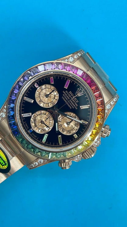 Rolex Daytona „Rainbow“ MZ SUPER CLONE Roségold Schwarzes Zifferblatt Saphirlünette
